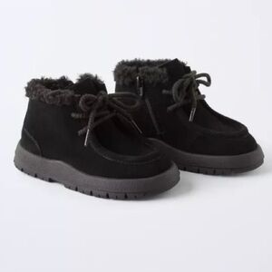 Zara Kids Black Leather Fleece-Lined Boots